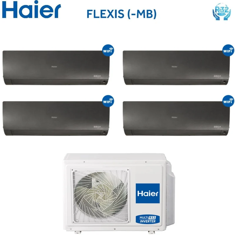 Climatiseur quadri-split HAIER FLEXIS Black Series Inverter (noir) 7000+7000+7000+7000 BTU avec Wi-Fi intégré 4U75S2SR2FA R-32 Wi-Fi 7+7+7+7 - NEUF