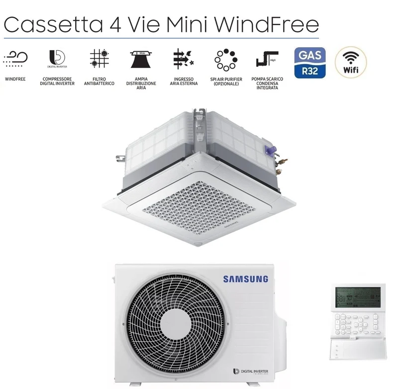 Climatiseur cassette mini 4 voies Samsung AC071RNNDKG Windfree Inverter 24 000 BTU R-32 avec panneau de commande filaire - NEUF