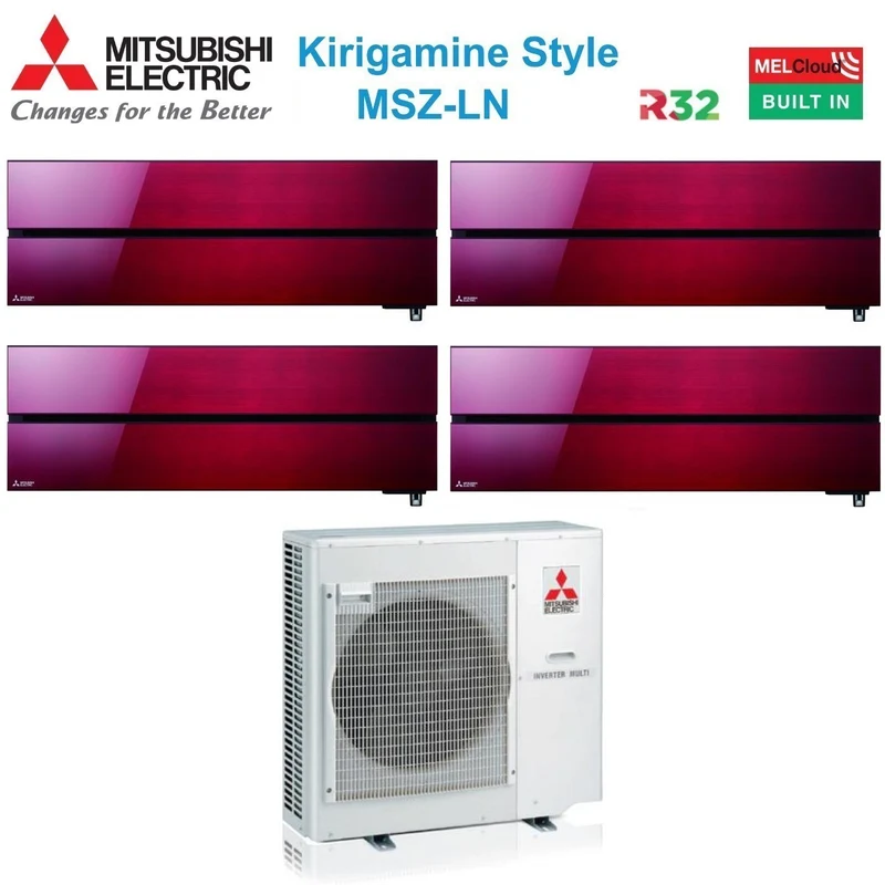 Climatiseur Mitsubishi Electric Quadri Split Inverter Kirigamine Style MSZ-LN 9+9+9+9 avec MXZ-4F72VF Rouge Rubis R-32 Wi-Fi intégré Couleur Rouge 9000+9000+9000+9000