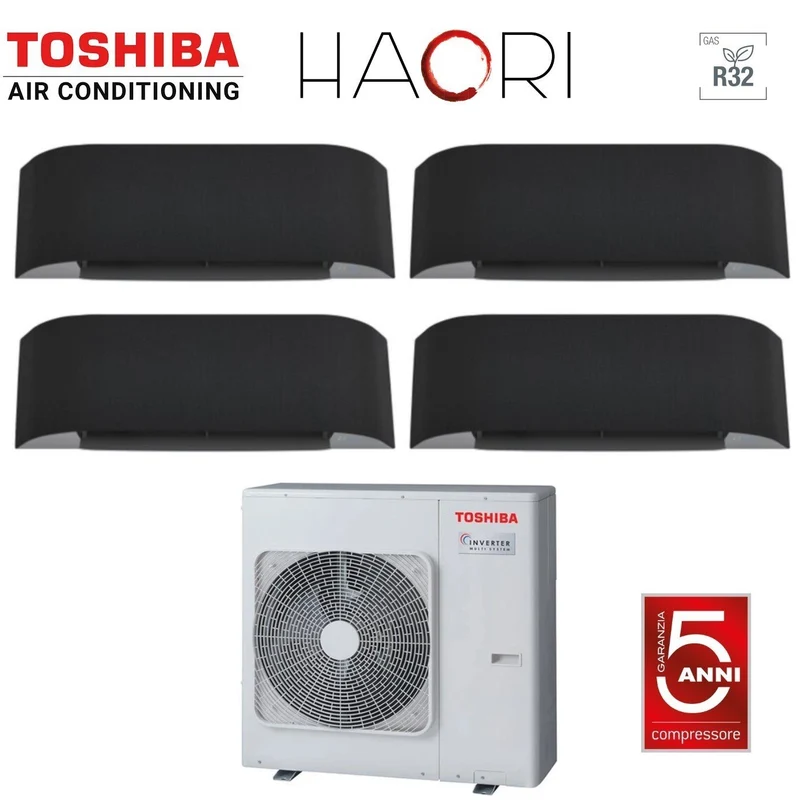 Climatiseur quadri-split inverter Toshiba série HAORI 10+10+13+13 (9+9+12+12) RAS-4M27U2AVG-E R-32 Wi-Fi intégré 10000+10000+13000+13000 (9000+9000+12000+12000) Gris foncé
