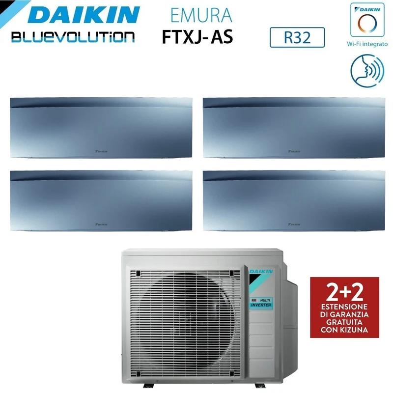 Climatiseur quadri-split inverter Daikin Bluevolution Quadri EMURA SILVER III série 7+9+9+9 avec 4MXM80N R-32, Wi-Fi intégré, 7000+9000+9000+9000, couleur argent - Garantie italienne