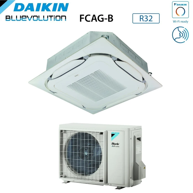 Climatiseur cassette Inverter Daikin Bluevolution, flux rond, 24 000 BTU, FCAG71B + RZAG71MV1, monophasé, R-32, Wi-Fi en option, grille standard et commande infrarouge inclus.