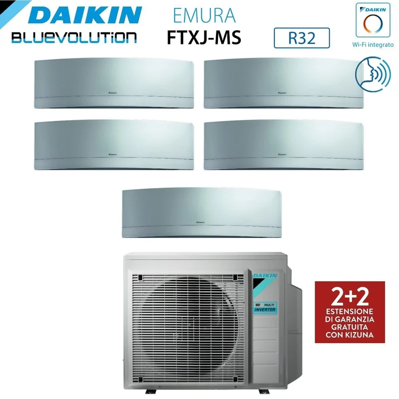Climatiseur penta-split inverter Daikin Bluevolution Penta EMURA SILVER série 7+7+9+12+18 avec 5MXM90N R-32, Wi-Fi intégré, puissance 7000+7000+9000+12000+18000 BTU, couleur argent - Garantie italienne