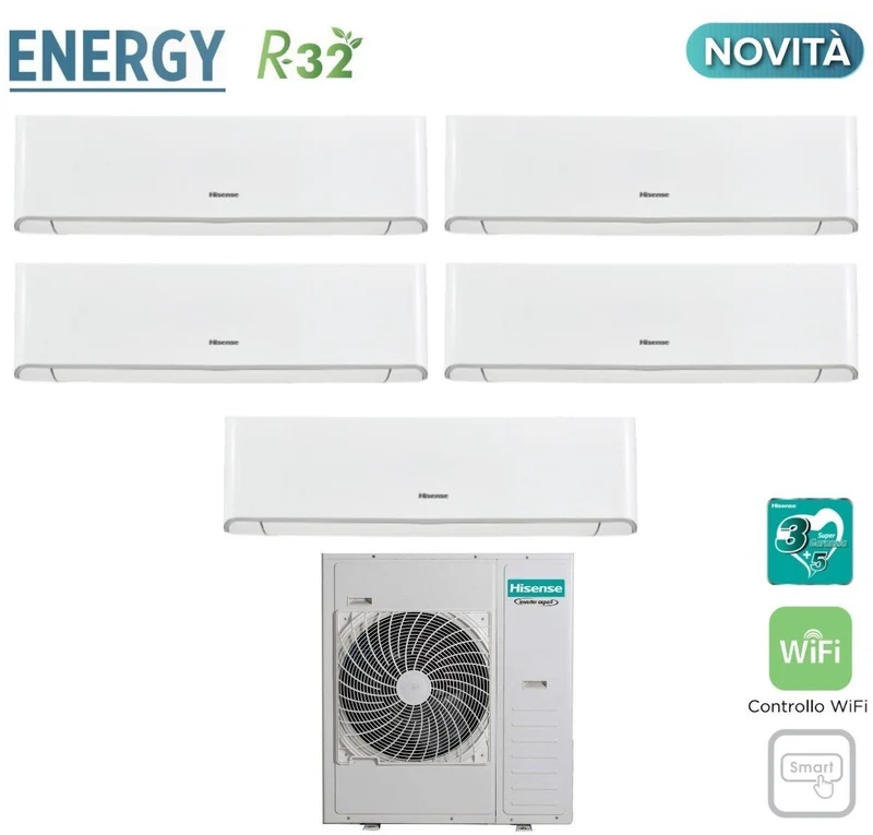 Climatiseur penta-split Hisense ENERGY série 9+9+9+9+18 Inverter Penta avec 5AMW125U4RTA R-32, Wi-Fi intégré, 9000+9000+9000+9000+18000 BTU/h - Neuf