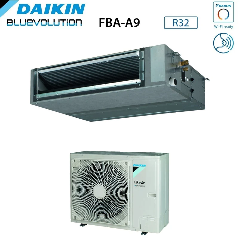 Climatiseur gainable Daikin Bluevolution, puissance moyenne 42 000 BTU, FBA125A + RZAG125NY1, triphasé, R-32, Wi-Fi en option, classe énergétique A++/A+.