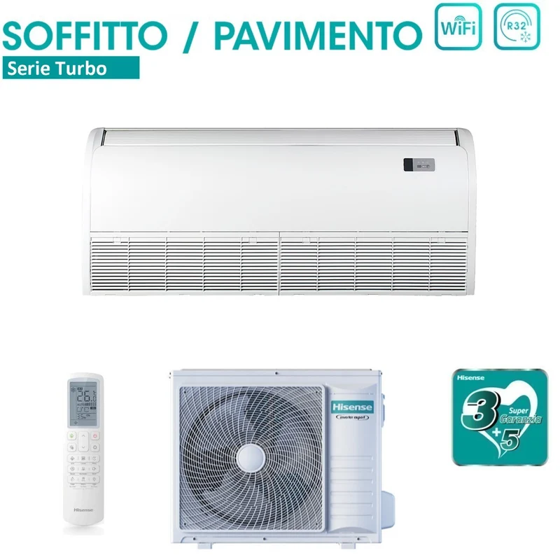 Climatiseur Hisense Inverter plafond/sol série SUPER 36 000 BTU AUV105UR4RC8 + AUW105U4RK7 R-32 Wi-Fi en option Classe énergétique A++/A+ avec télécommande standard incluse