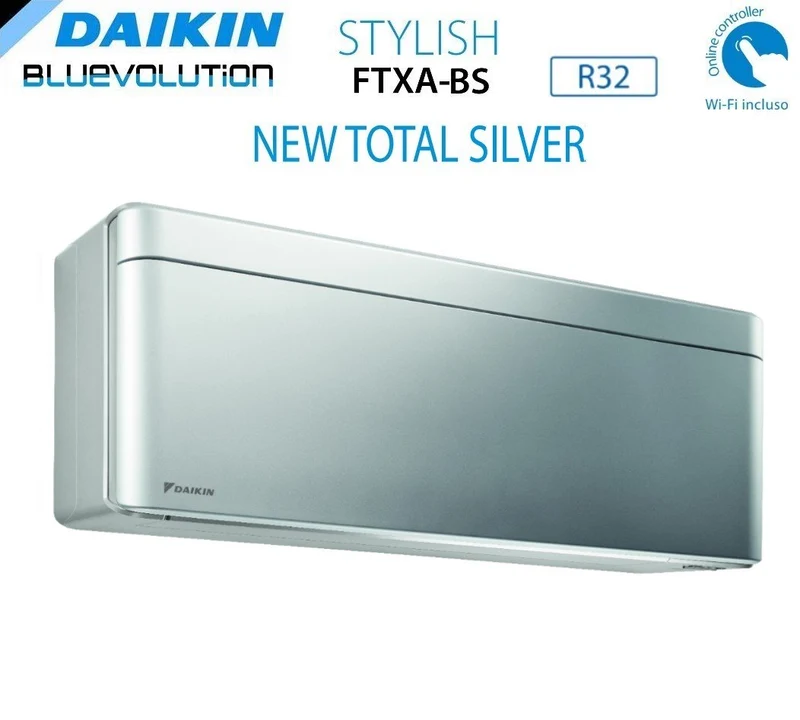 Climatiseur quadri-split inverter Daikin Bluevolution Quadri, série STYLISH TOTAL SILVER 9+9+9+9 avec 4MXM80N R-32, Wi-Fi intégré, couleur grise, 9000+9000+9000+9000, garantie italienne