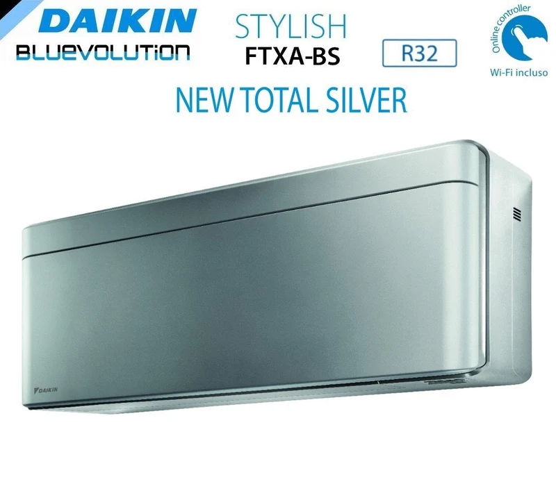 Climatiseur quadri-split inverter Daikin Bluevolution Quadri, série STYLISH TOTAL SILVER 9+9+9+9 avec 4MXM80N R-32, Wi-Fi intégré, couleur grise, 9000+9000+9000+9000, garantie italienne