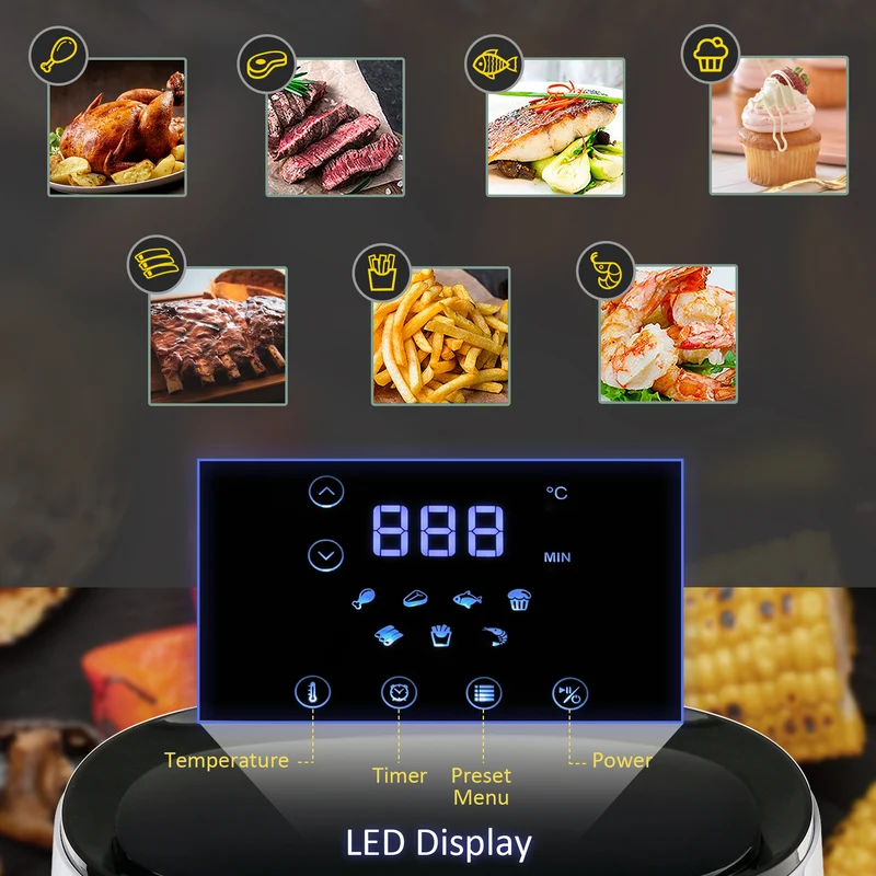 Friteuse à air Easycomfort 2,5 L 1300 W avec 7 menus, écran LED et cuve, 24,9 x 33,9 x 29,9 cm