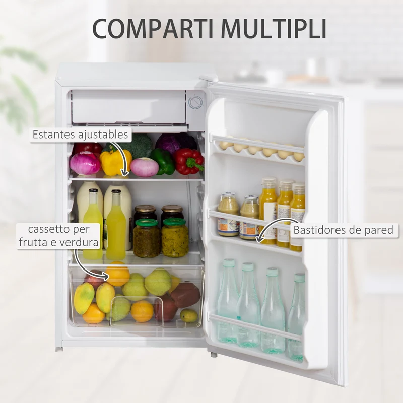 Réfrigérateur portable EasyComfort 91 L avec thermostat réglable, étagères murales et intérieures, tiroir, en métal et plastique, 47,5 x 44,2 x 84 cm, blanc