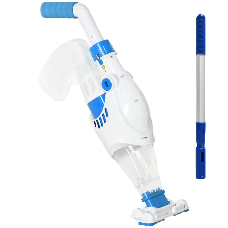 Aspirateur de piscine EasyComfort à batterie avec manche télescopique, brosses et filtre, blanc et bleu
