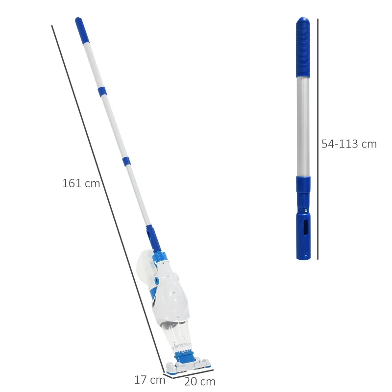 Aspirateur de piscine EasyComfort à batterie avec manche télescopique, brosses et filtre, blanc et bleu