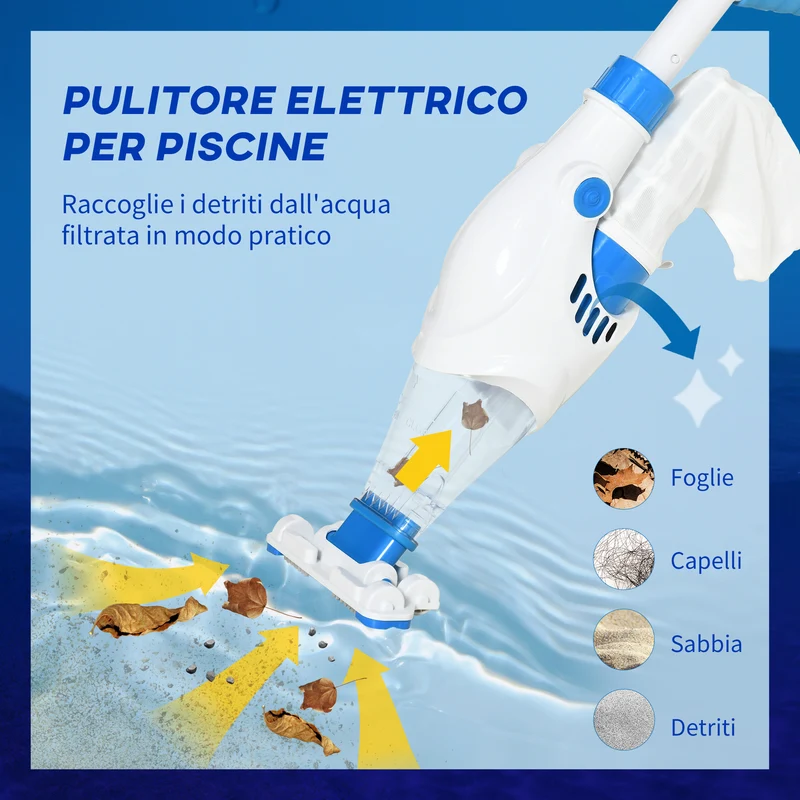 Aspirateur de piscine EasyComfort à batterie avec manche télescopique, brosses et filtre, blanc et bleu