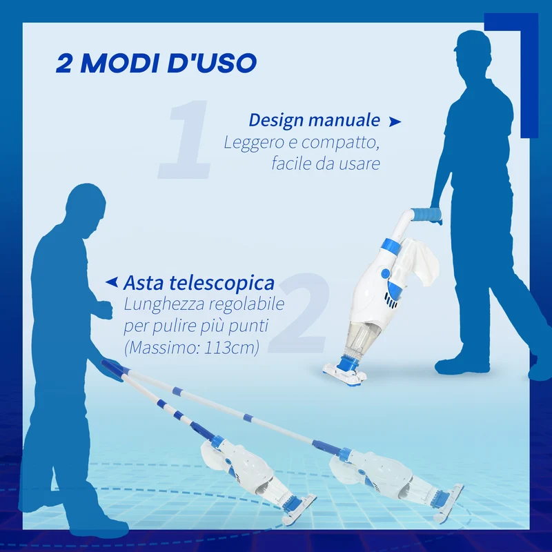 Aspirateur de piscine EasyComfort à batterie avec manche télescopique, brosses et filtre, blanc et bleu