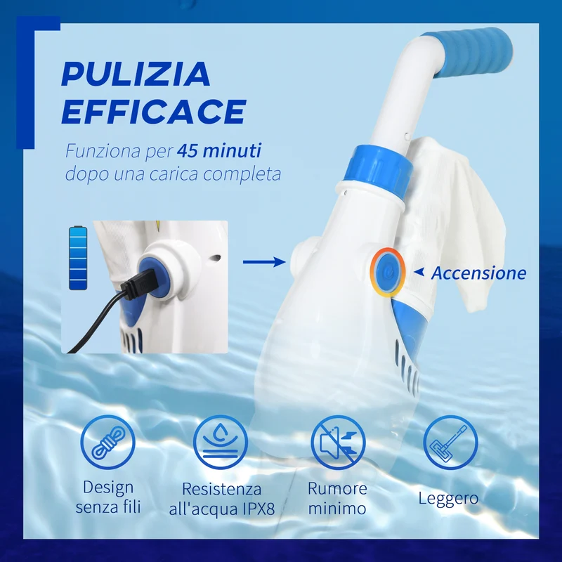 Aspirateur de piscine EasyComfort à batterie avec manche télescopique, brosses et filtre, blanc et bleu