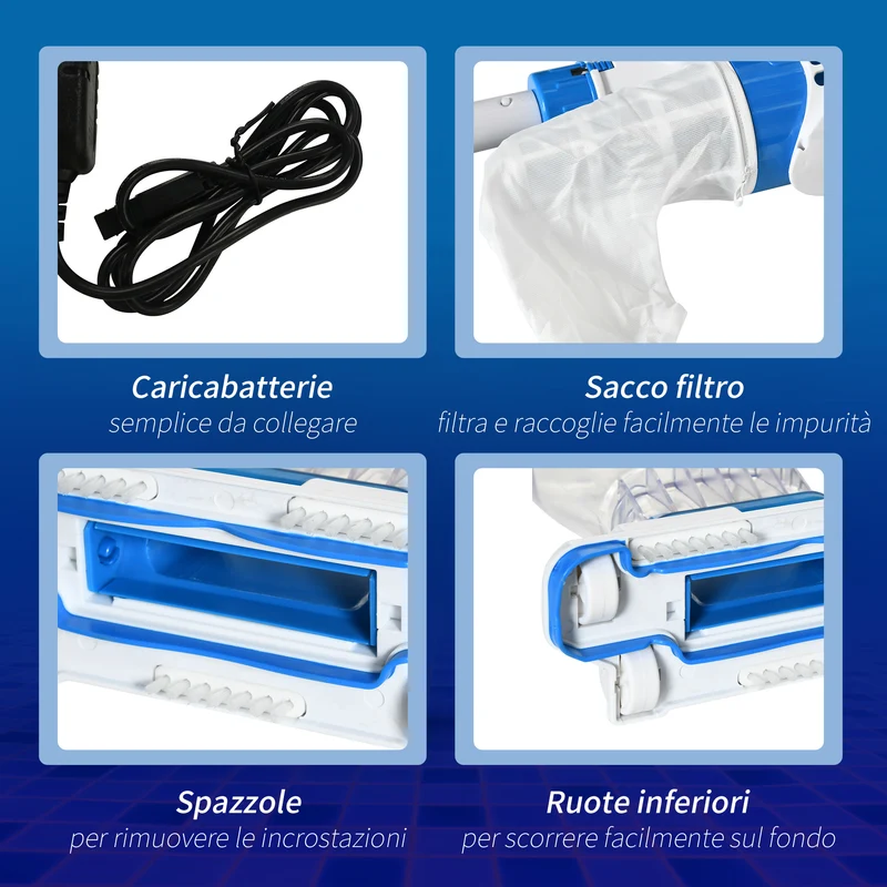 Aspirateur de piscine EasyComfort à batterie avec manche télescopique, brosses et filtre, blanc et bleu