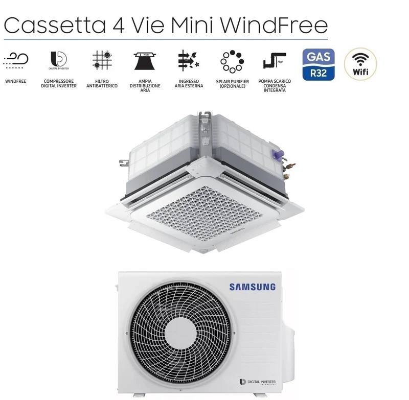 Climatiseur cassette inverter Samsung 4 voies Mini Windfree 18 000 BTU AC052RNNDKG R-32 avec Wi-Fi en option et panneau inclus