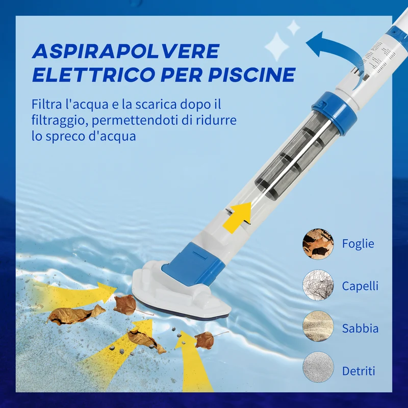 Aspirateur de piscine portable sans fil EASYCOMFORT avec perche télescopique, 210 x 17 x 7 cm, blanc et bleu