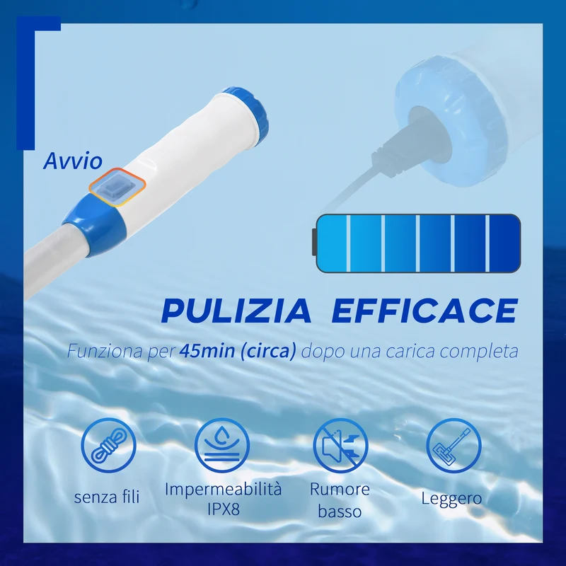 Aspirateur de piscine portable sans fil EASYCOMFORT avec perche télescopique, 210 x 17 x 7 cm, blanc et bleu