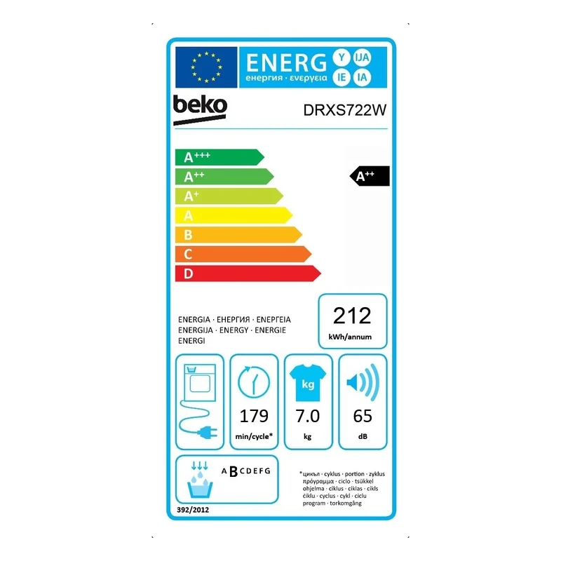 Sèche-linge à pompe à chaleur Beko DRXS722W 7 kg (H 84,7 x L 59,7 x P 50,8 cm) A++ OptiSense Blanc