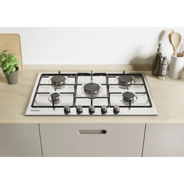 Plaque de cuisson à gaz Candy CHW7X Idea 5 brûleurs, 75 cm, acier inoxydable, 74 x 51 cm, grilles compatibles lave-vaisselle 33801969