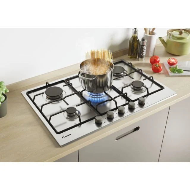 Plaque de cuisson à gaz Candy CHW7X Idea 5 brûleurs, 75 cm, acier inoxydable, 74 x 51 cm, grilles compatibles lave-vaisselle 33801969