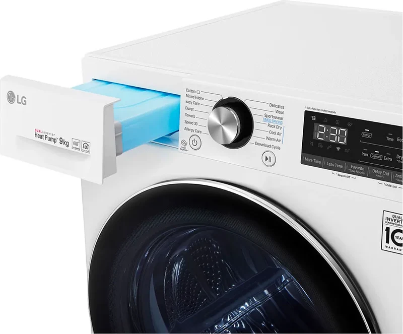 Sèche-linge LG Smart DUAL Inverter Heat Pump™ Eco Hybrid™ 9 kg RC90V9AV2W H x L x P (85 x 60 x 69 cm) Classe énergétique A+++-10 %