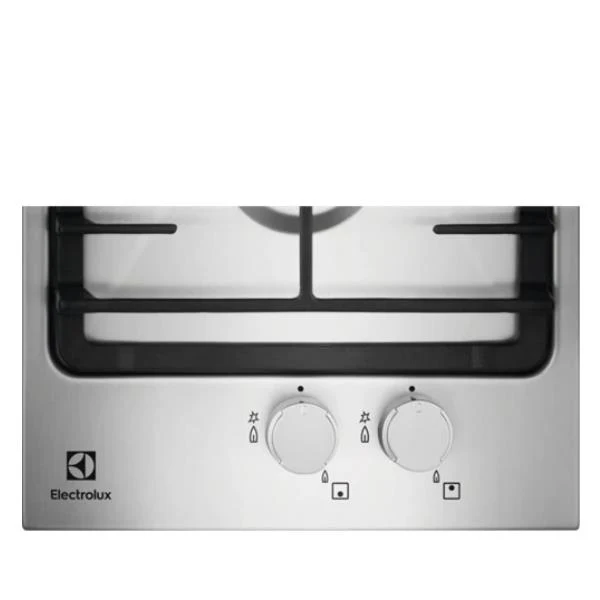 Plaque de cuisson à gaz Electrolux EGG3322NVX 2 feux, 29 cm, acier inoxydable (L x P) : 29 x 51 cm, compatible avec les casseroles en fonte, finition inox, boutons, format compact.