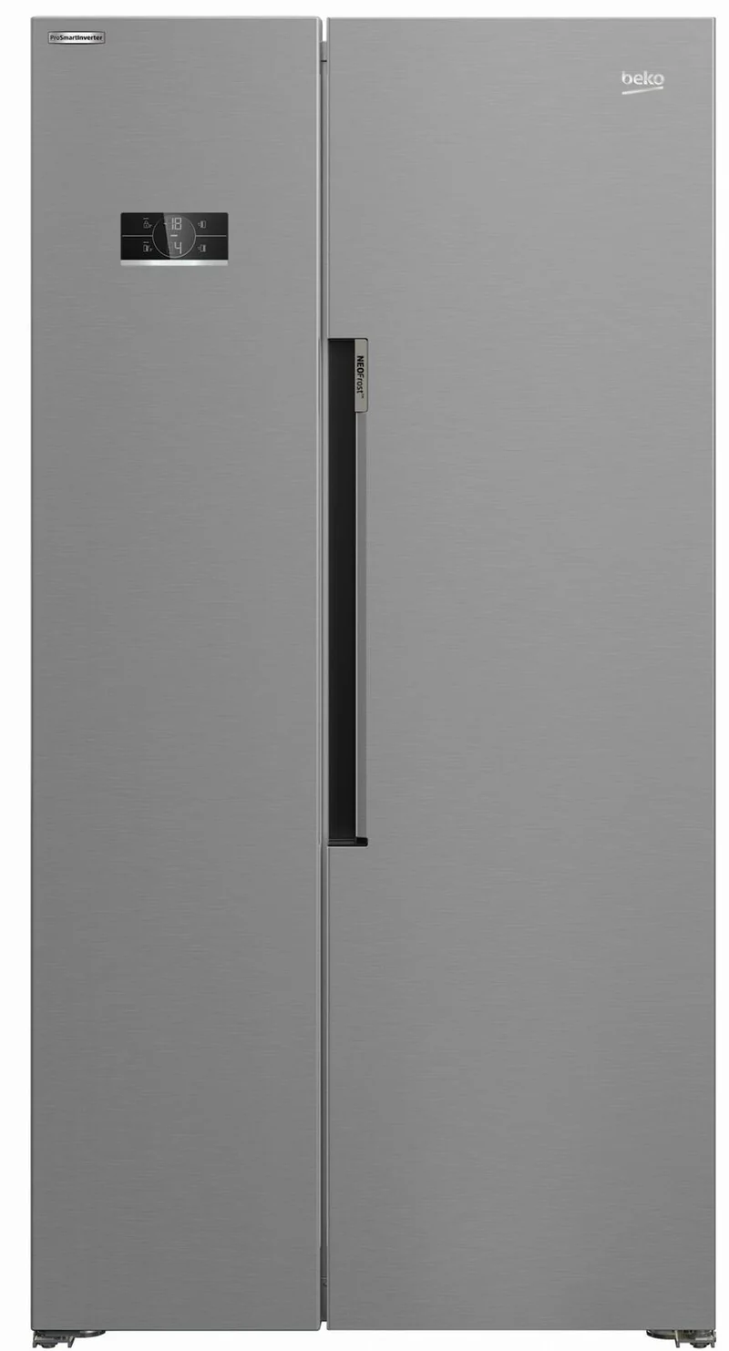 Réfrigérateur américain Beko GN1603140XBN, 580 litres, classe énergétique E (H 179 x L 91 x P 70,5 cm), technologie No Frost HarvestFresh, compresseur ProSmart Inverter, finition inox/métallique.