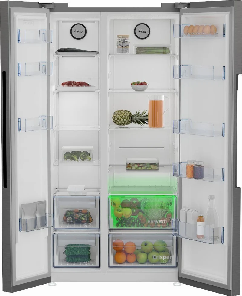Réfrigérateur américain Beko GN1603140XBN, 580 litres, classe énergétique E (H 179 x L 91 x P 70,5 cm), technologie No Frost HarvestFresh, compresseur ProSmart Inverter, finition inox/métallique.