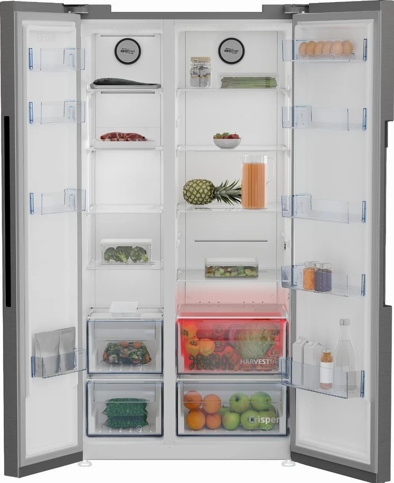 Réfrigérateur américain Beko GN1603140XBN, 580 litres, classe énergétique E (H 179 x L 91 x P 70,5 cm), technologie No Frost HarvestFresh, compresseur ProSmart Inverter, finition inox/métallique.