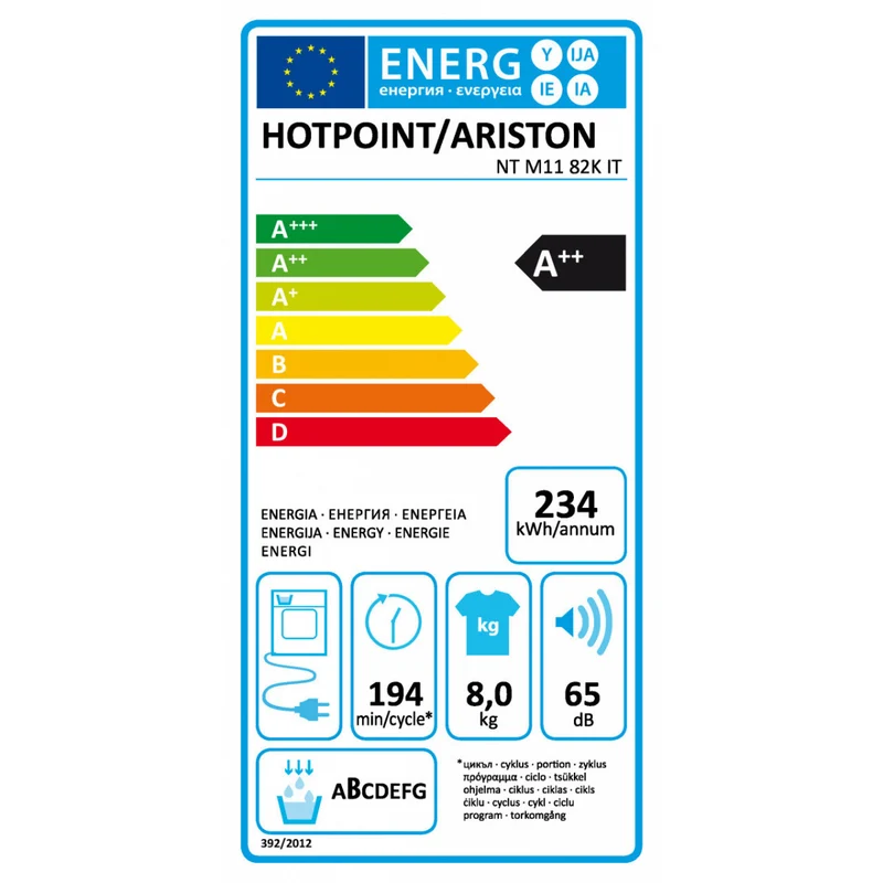Sèche-linge à pompe à chaleur Hotpoint Ariston 8 kg NTM1182KIT (L x P x H 59,5 x 65,5 x 85 cm) Moteur asynchrone PSC Filtre EASY CLEANING NT M11 82K IT Classe A++