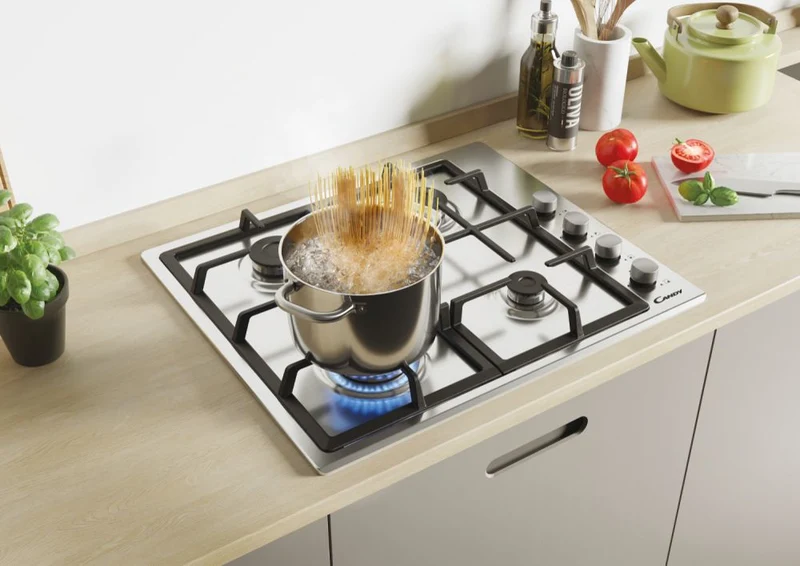 Plaque de cuisson à gaz Candy 4 zones, plateau en acier inoxydable/tôle de 60 cm, CHG6LX