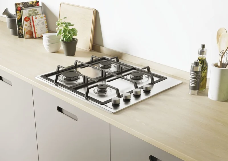 Plaque de cuisson à gaz Candy 4 zones, plateau en acier inoxydable/tôle de 60 cm, CHG6LX