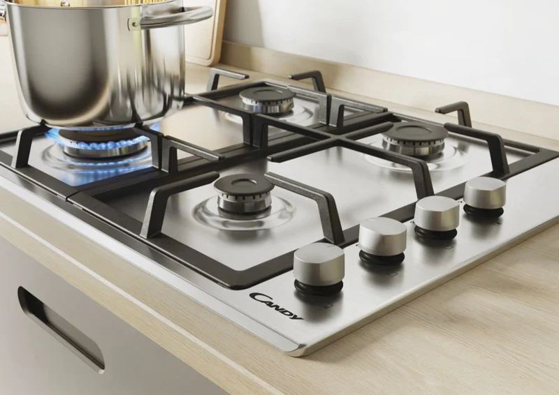 Plaque de cuisson à gaz Candy 4 zones, plateau en acier inoxydable/tôle de 60 cm, CHG6LX