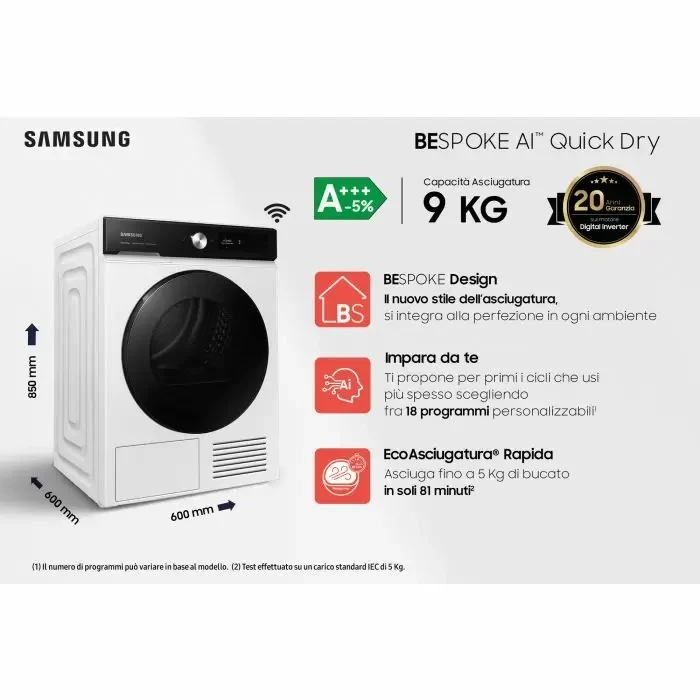 Sèche-linge à pompe à chaleur Samsung BESPOKE AI 9 kg QuickDry DV90BB7445GE AxLxP (60x85x60) A+++-10%