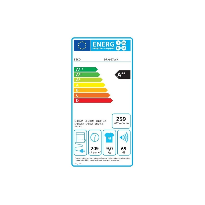 Sèche-linge à pompe à chaleur Beko DRX927WN 9 kg, classe A++ (H 84,6 x L 59,7 x P 63,3 cm), moteur Inverter EcoGentle