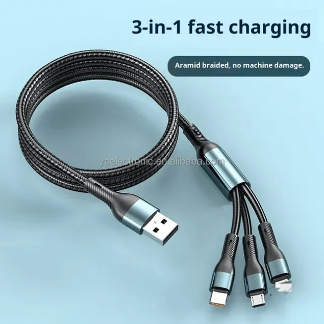 3-in-1 Fast Charging Cable 100W Power Braided 5A