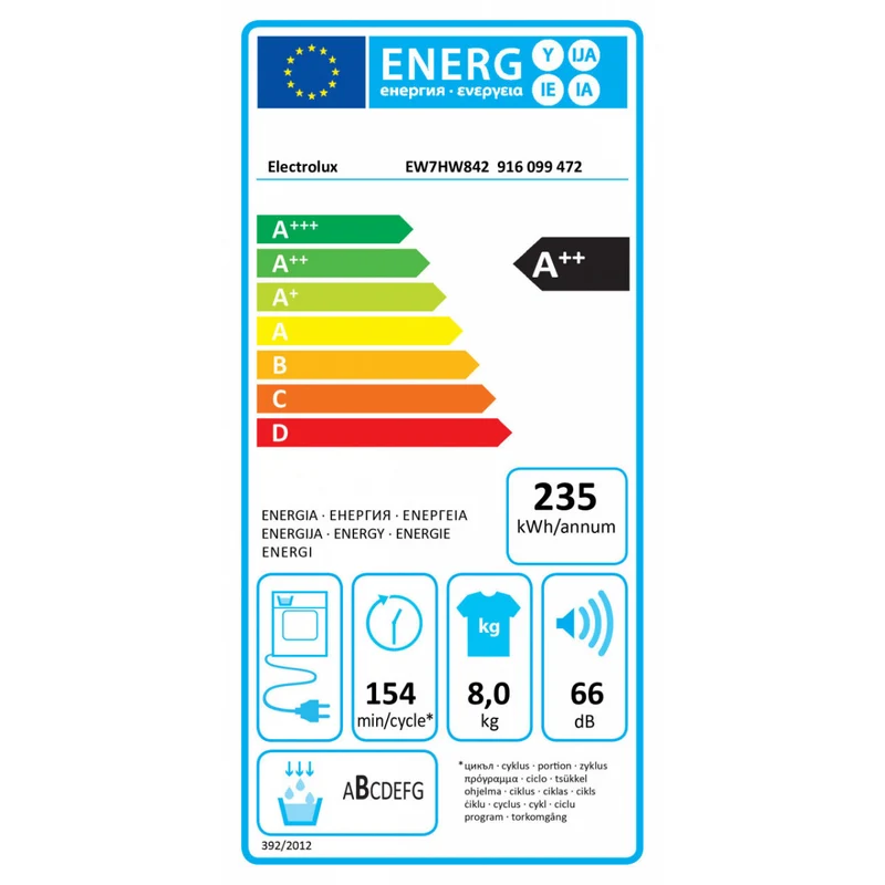 Sèche-linge à pompe à chaleur Electrolux EW7HW842 8 kg (L x P x H 59,6 x 63,8 x 85 cm) Perfectcare 700 SensiCare System EcoFlow Départ différé Classe énergétique A++