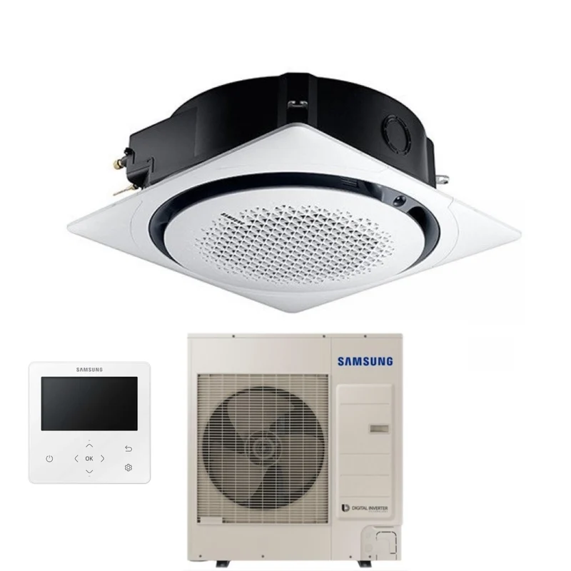 Climatiseur cassette Inverter Samsung 360° 30 000 BTU AC090MN4PKH/EU monophasé R-410 avec Wi-Fi en option, commande filaire et grille circulaire blanche