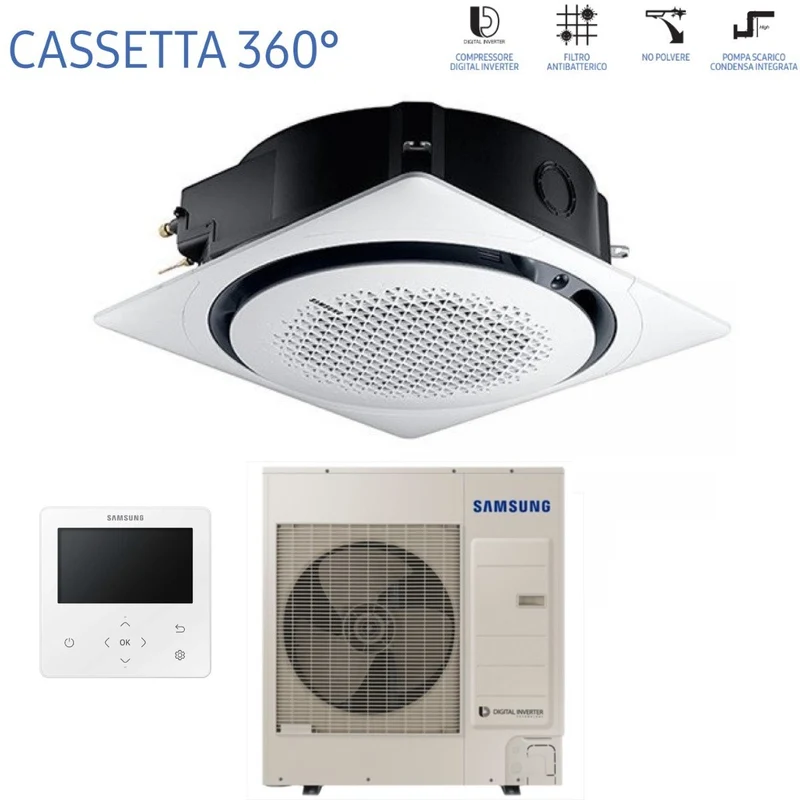 Climatiseur cassette Inverter Samsung 360° 30 000 BTU AC090MN4PKH/EU monophasé R-410 avec Wi-Fi en option, commande filaire et grille circulaire blanche