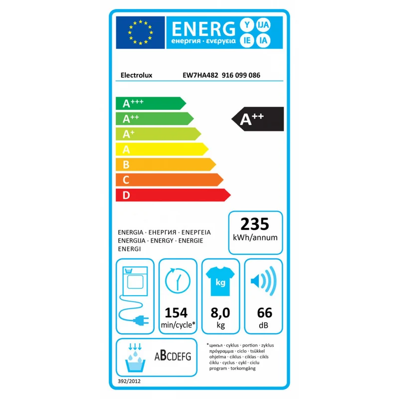 Sèche-linge à pompe à chaleur Electrolux EW7HA482 PerfectCare 700 GentleCare SensiCare 8 kg (H 85 x L 59,6 x P 63,8 cm) Classe A++