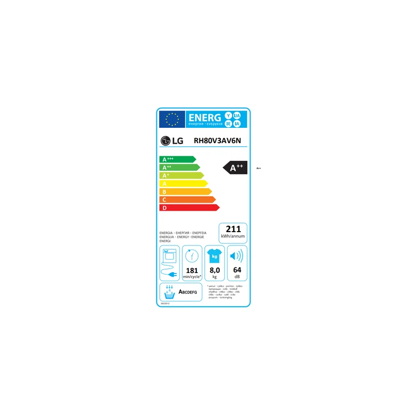 Sèche-linge LG RH80V3AV6N Eco Hybrid 8 kg, Classe énergétique A++