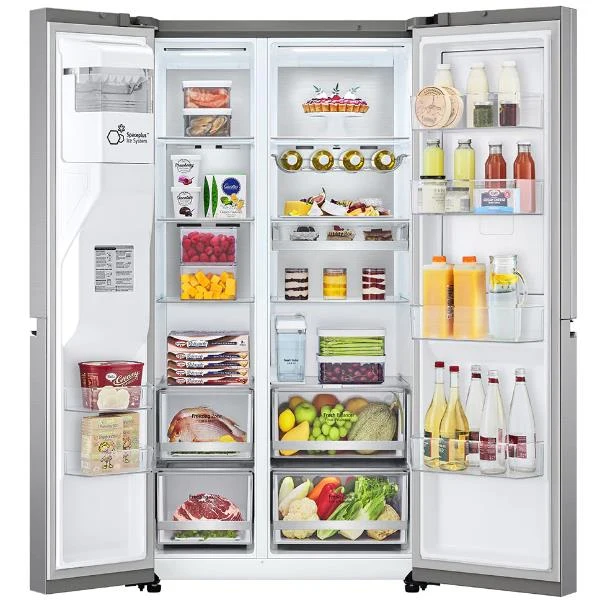 Réfrigérateur LG Smart Side by Side GSJV91PZAE 635 litres, classe énergétique E (H 179 x L 91 x P 73,5 cm), sans givre Fonction glace pilée Wi-Fi Frost Door-in-Door™ avec SmartThinq™ Inox