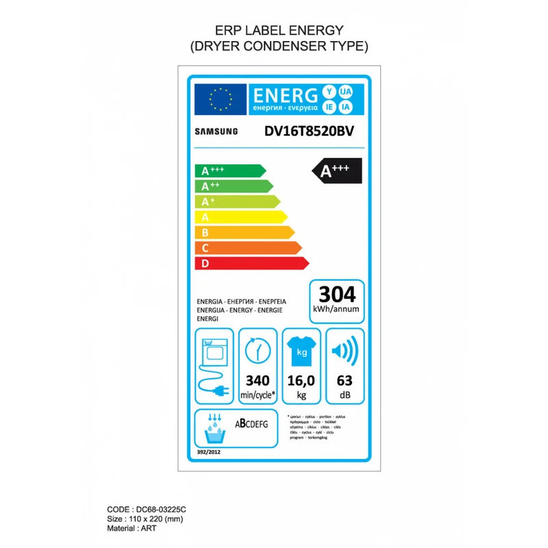 Sèche-linge à pompe à chaleur SAMSUNG DV16T8520BV 16 kg Classe A+++ (H 108,6 x L 74,6 x P 84,4 cm) Capteur de séchage optimal Pompe à chaleur hybride 2 en 1 Programme de désinfection du filtre+