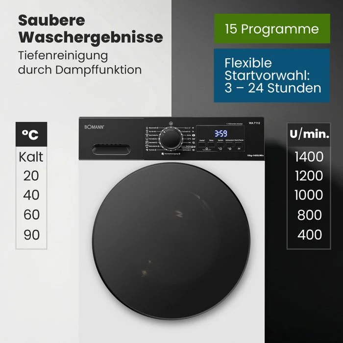 Bomann WA 7112 Waschmaschine 10 kg | 1200 U/Min | Weiß | EEK A