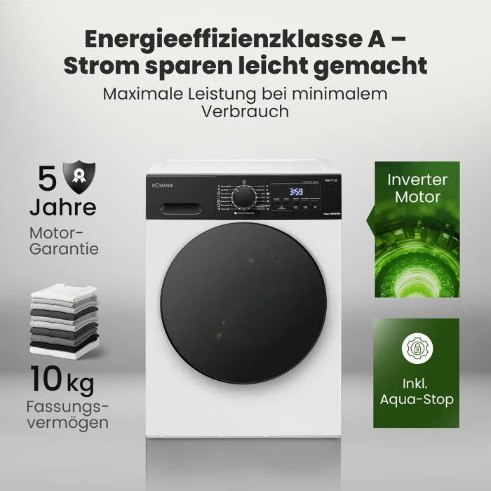 Bomann WA 7112 Waschmaschine 10 kg | 1200 U/Min | Weiß | EEK A