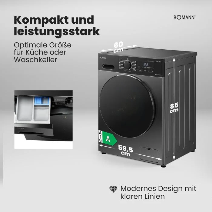 Bomann WA 7112 Waschmaschine 10 kg | 1400 U/Min | Titan-Optik | EEK A
