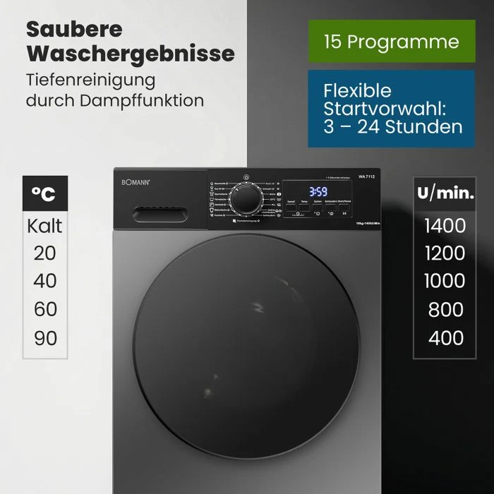 Bomann WA 7112 Waschmaschine 10 kg | 1400 U/Min | Titan-Optik | EEK A
