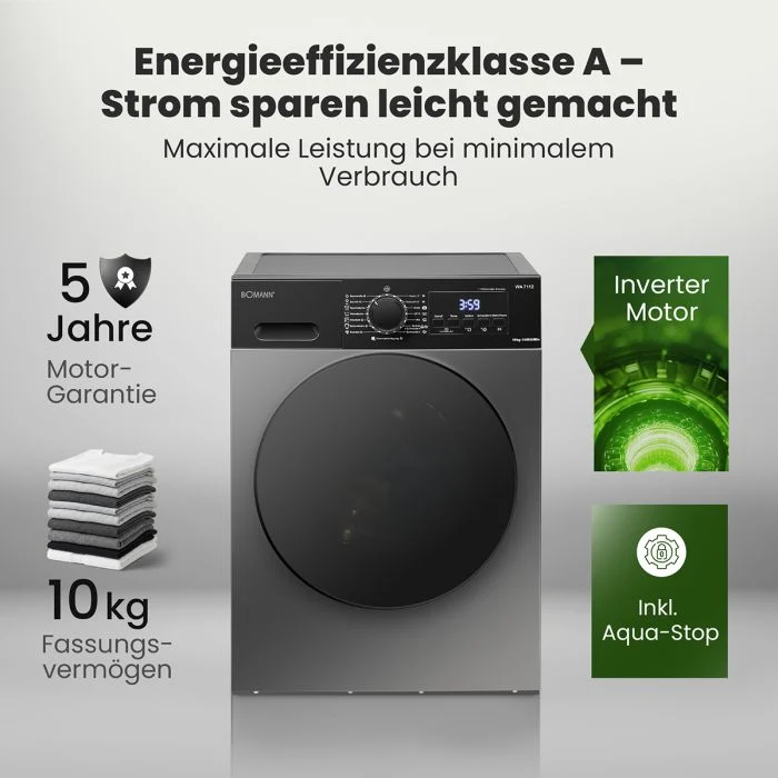 Bomann WA 7112 Waschmaschine 10 kg | 1400 U/Min | Titan-Optik | EEK A